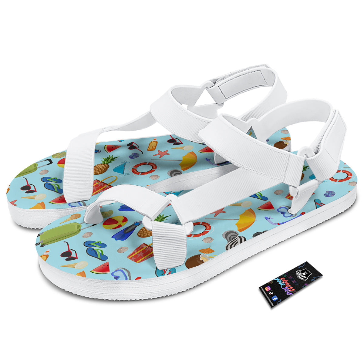 Summer Vacation Travel Print Pattern White Open Toe Sandals-grizzshop