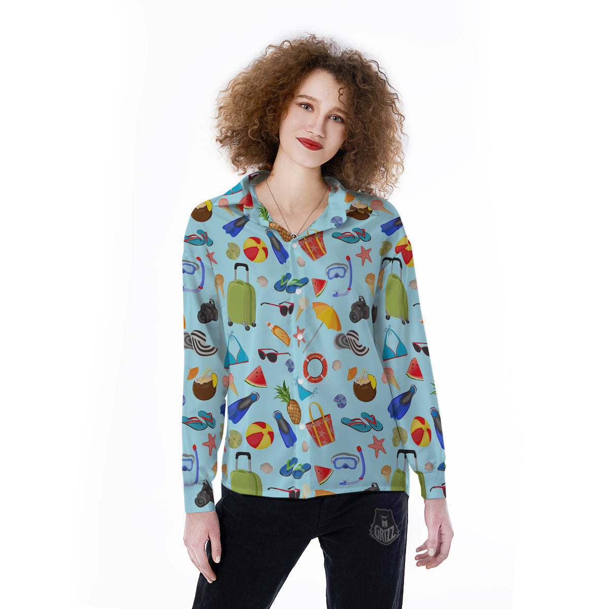 Summer Vacation Travel Print Pattern Women's Long Sleeve Shirts-grizzshop