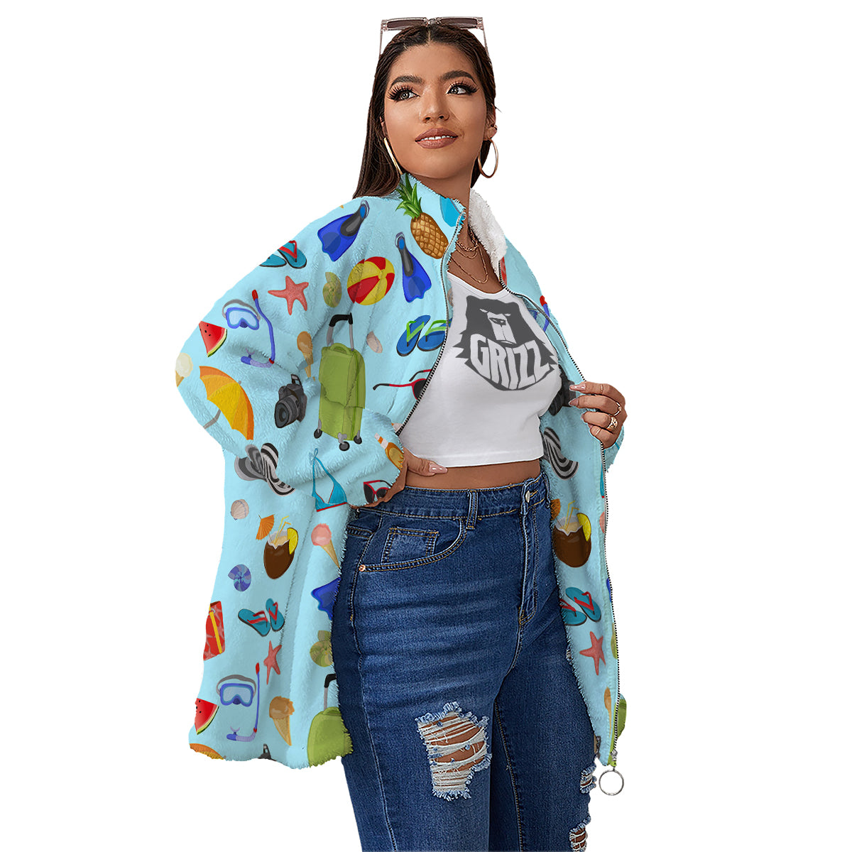 Summer Vacation Travel Print Pattern Women's Sherpa Jacket-grizzshop