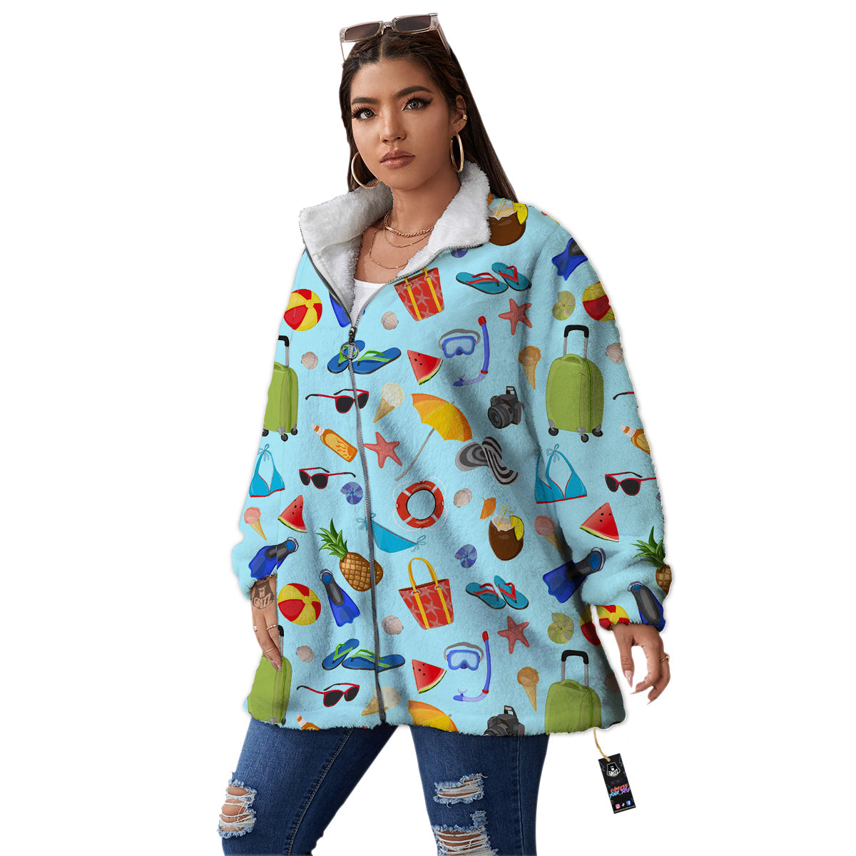 Summer Vacation Travel Print Pattern Women's Sherpa Jacket-grizzshop