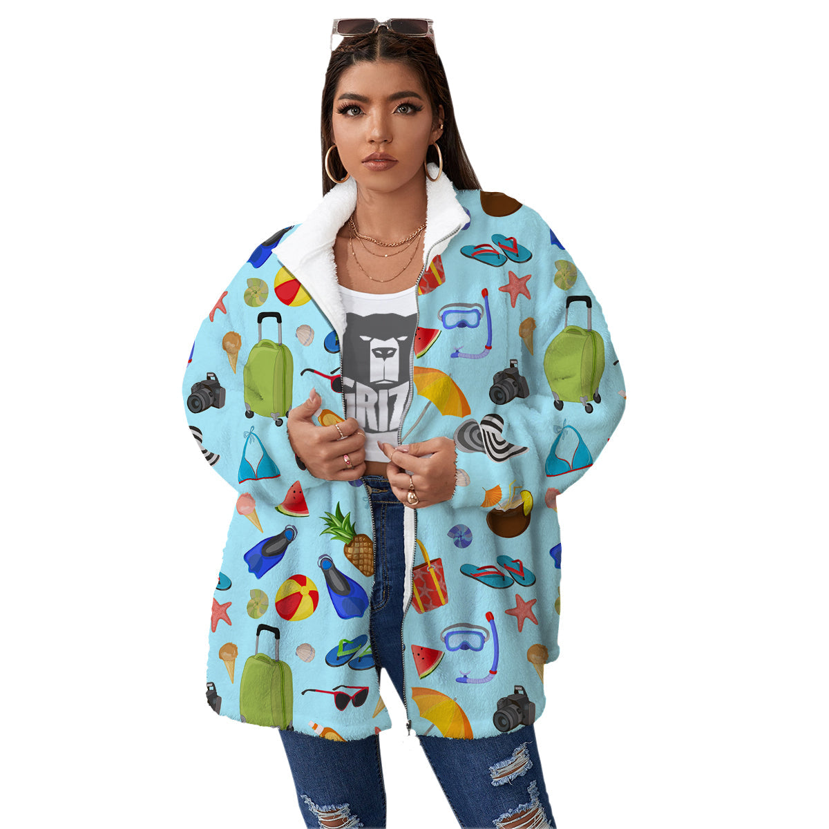 Summer Vacation Travel Print Pattern Women's Sherpa Jacket-grizzshop