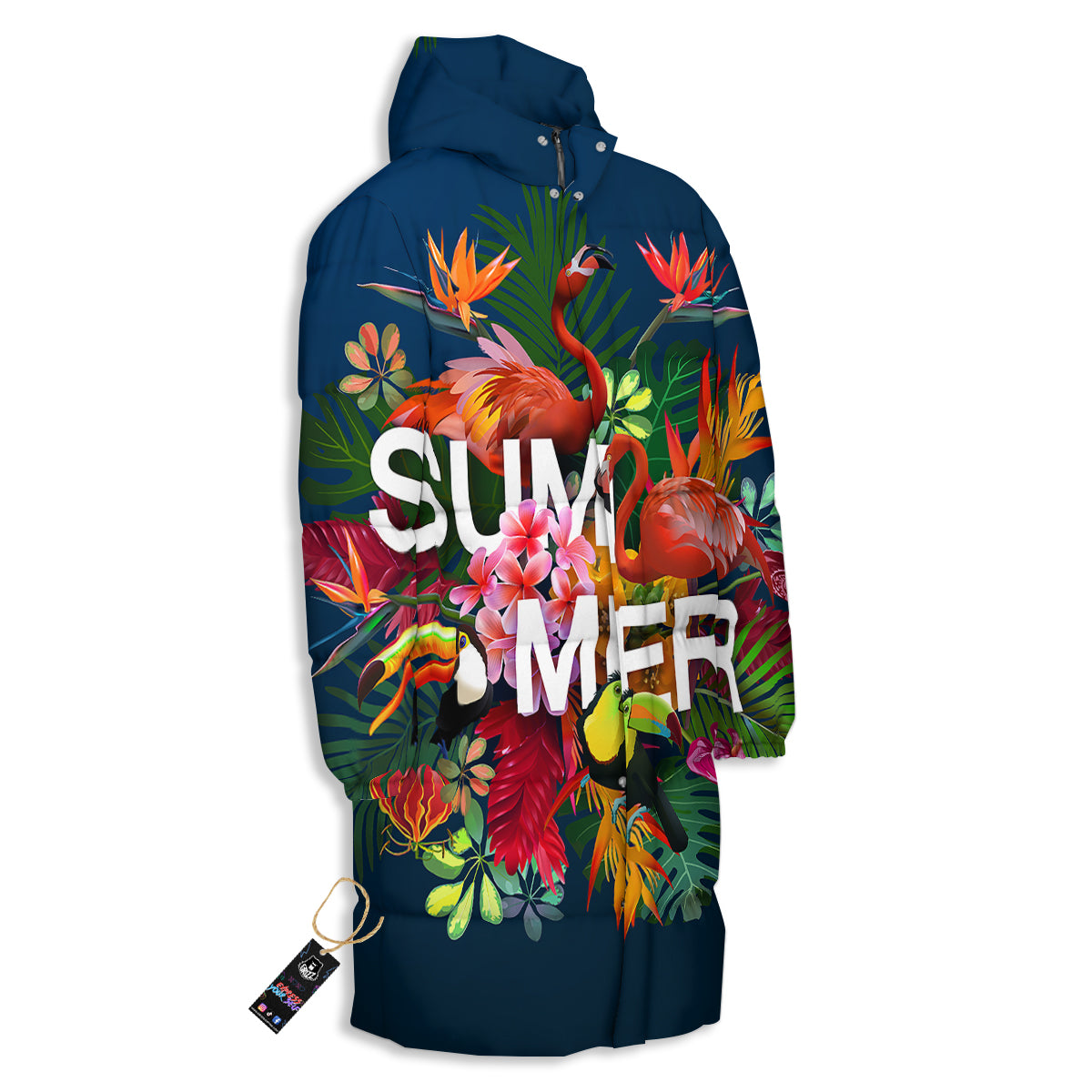 Summer Tropical Birds And Flowers For Travel Print Long Down Jacket