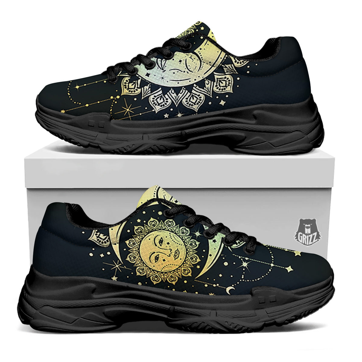 Sun And Bohemian Moon Print Black Chunky Shoes-grizzshop