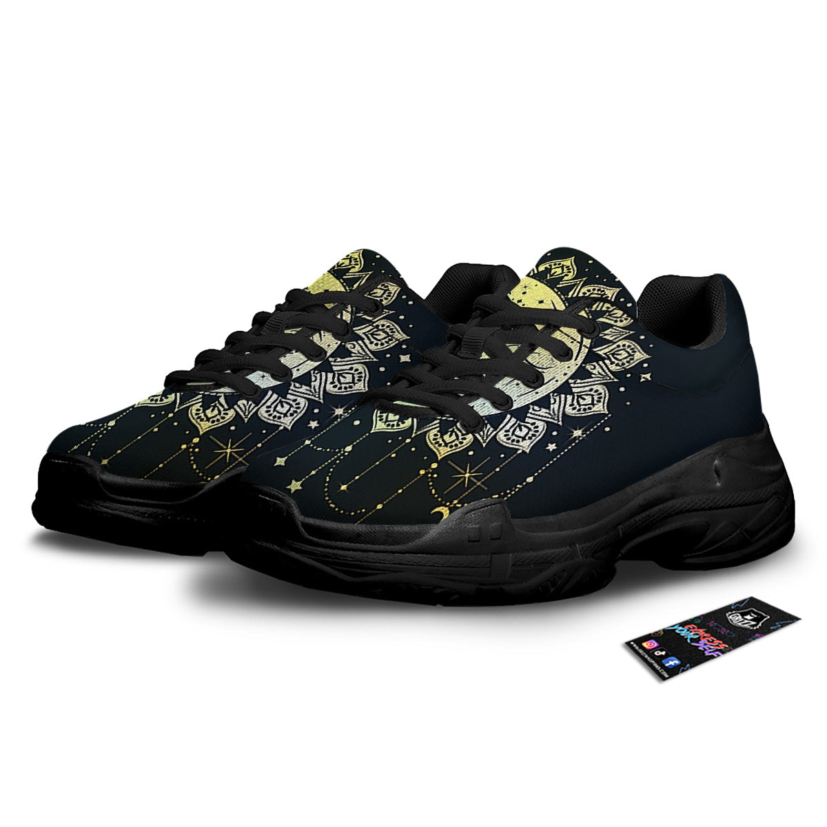 Sun And Bohemian Moon Print Black Chunky Shoes-grizzshop