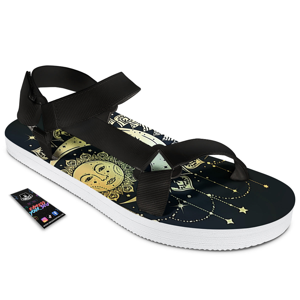 Sun And Bohemian Moon Print Black Open Toe Sandals-grizzshop