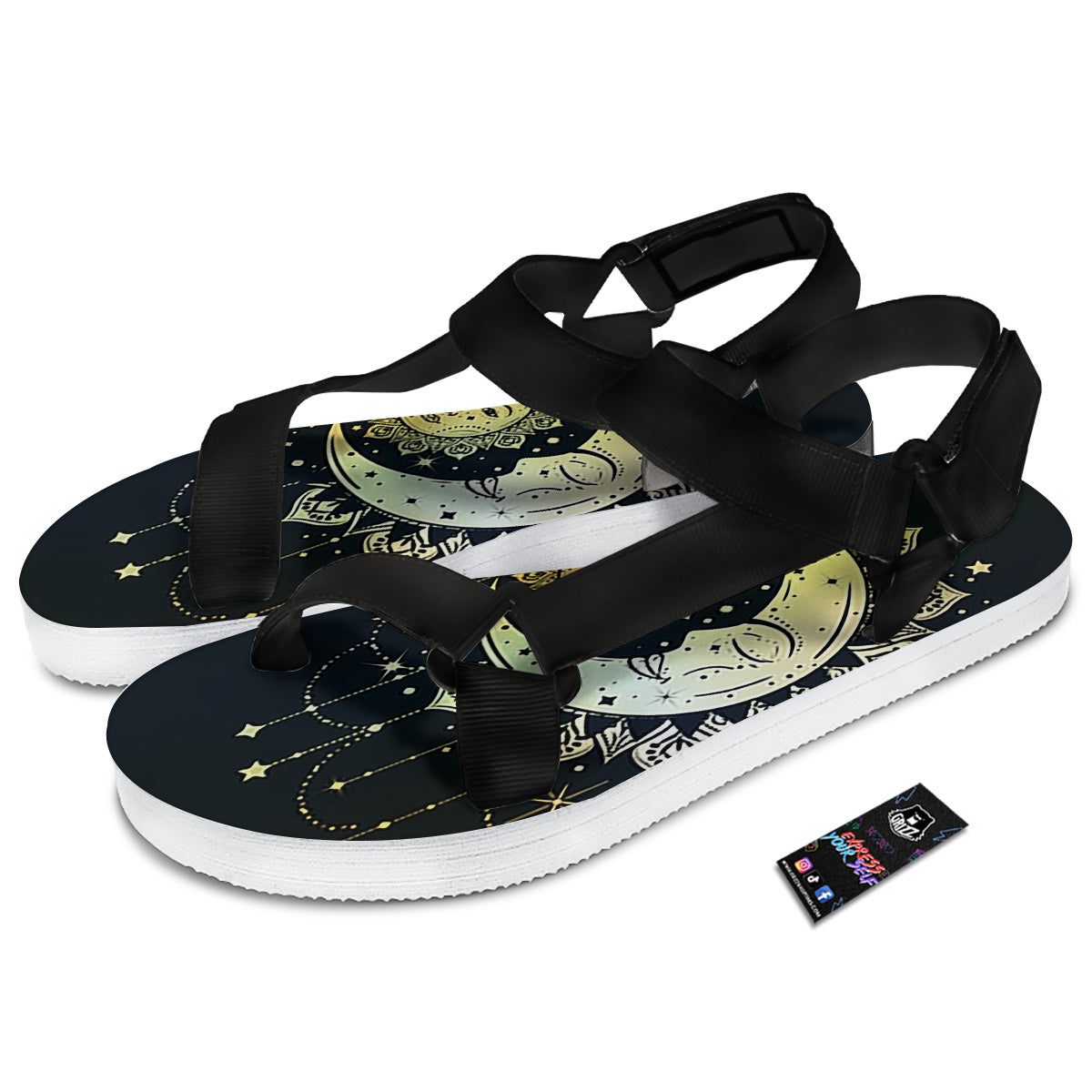 Sun And Bohemian Moon Print Black Open Toe Sandals-grizzshop