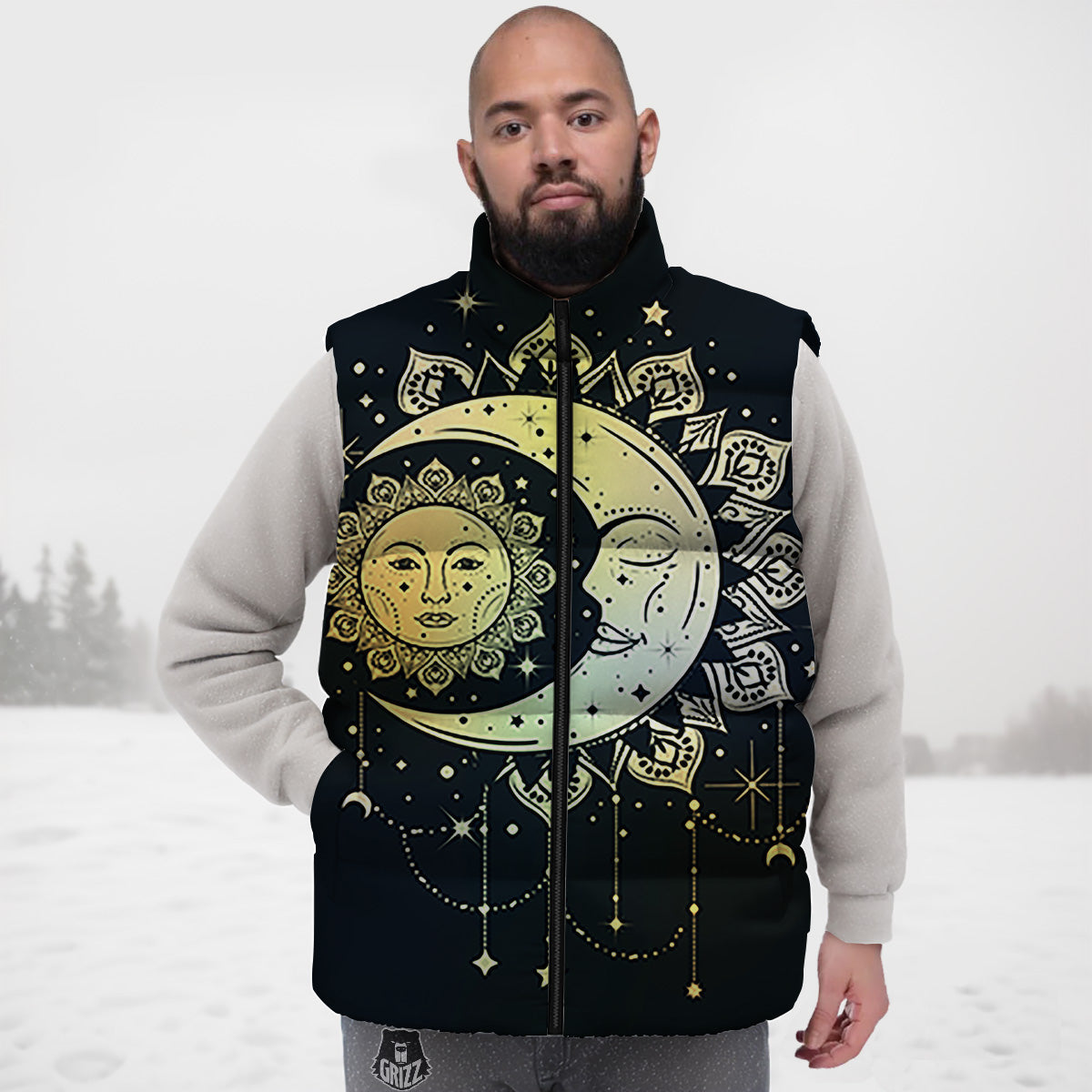 Sun And Bohemian Moon Print Down Vest