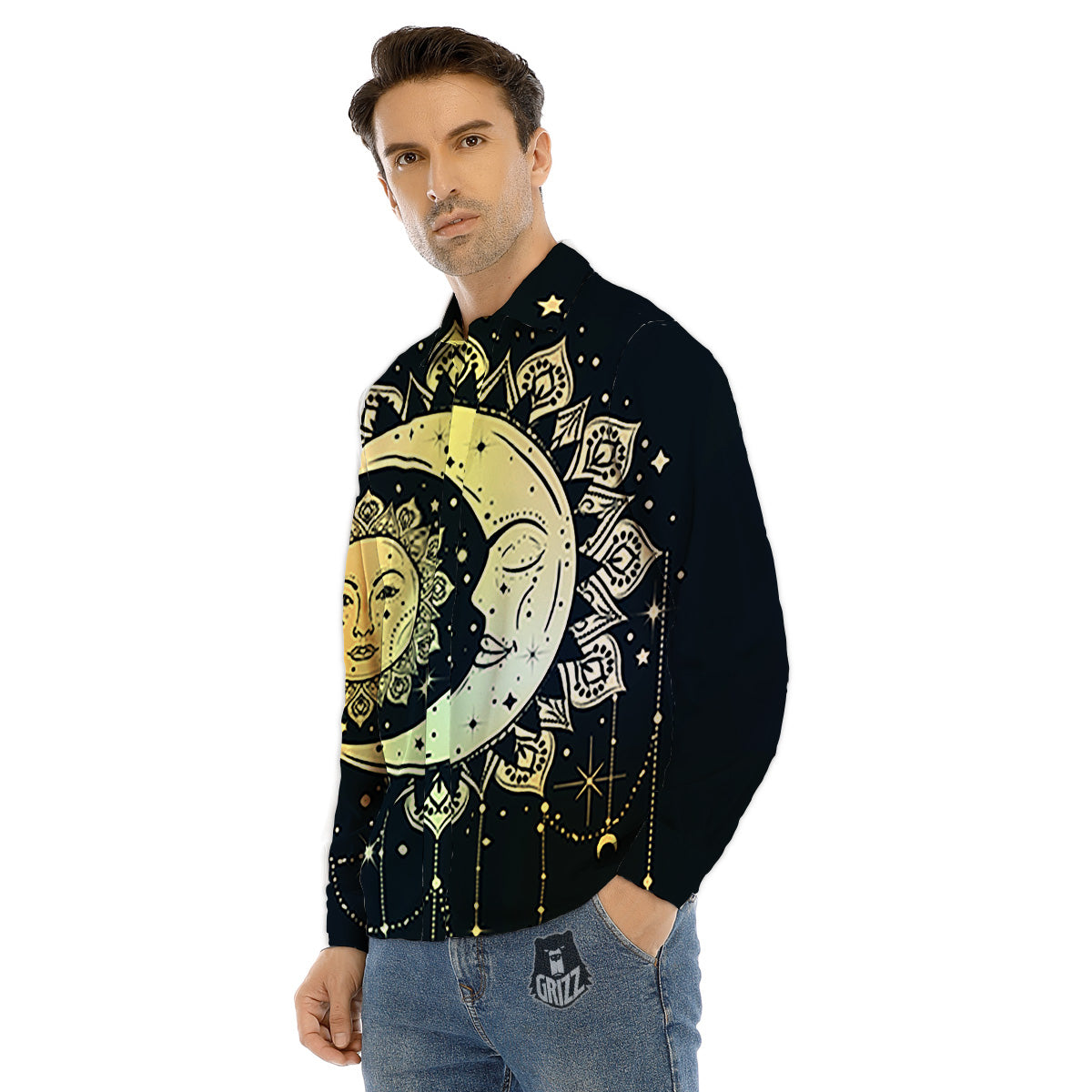 Sun And Bohemian Moon Print Men's Dress Shirts-grizzshop