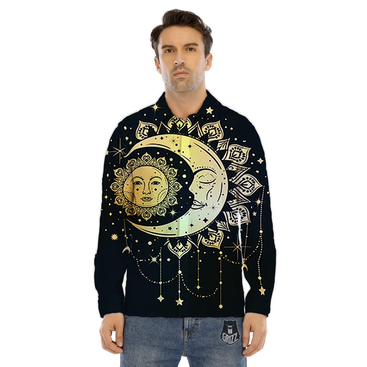 Sun And Bohemian Moon Print Men's Dress Shirts-grizzshop