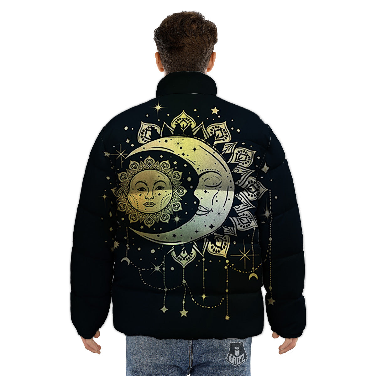 Sun And Bohemian Moon Print Puffer Jacket-grizzshop