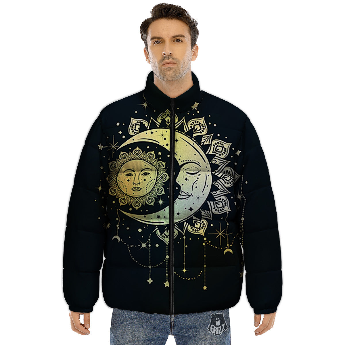 Sun And Bohemian Moon Print Puffer Jacket-grizzshop