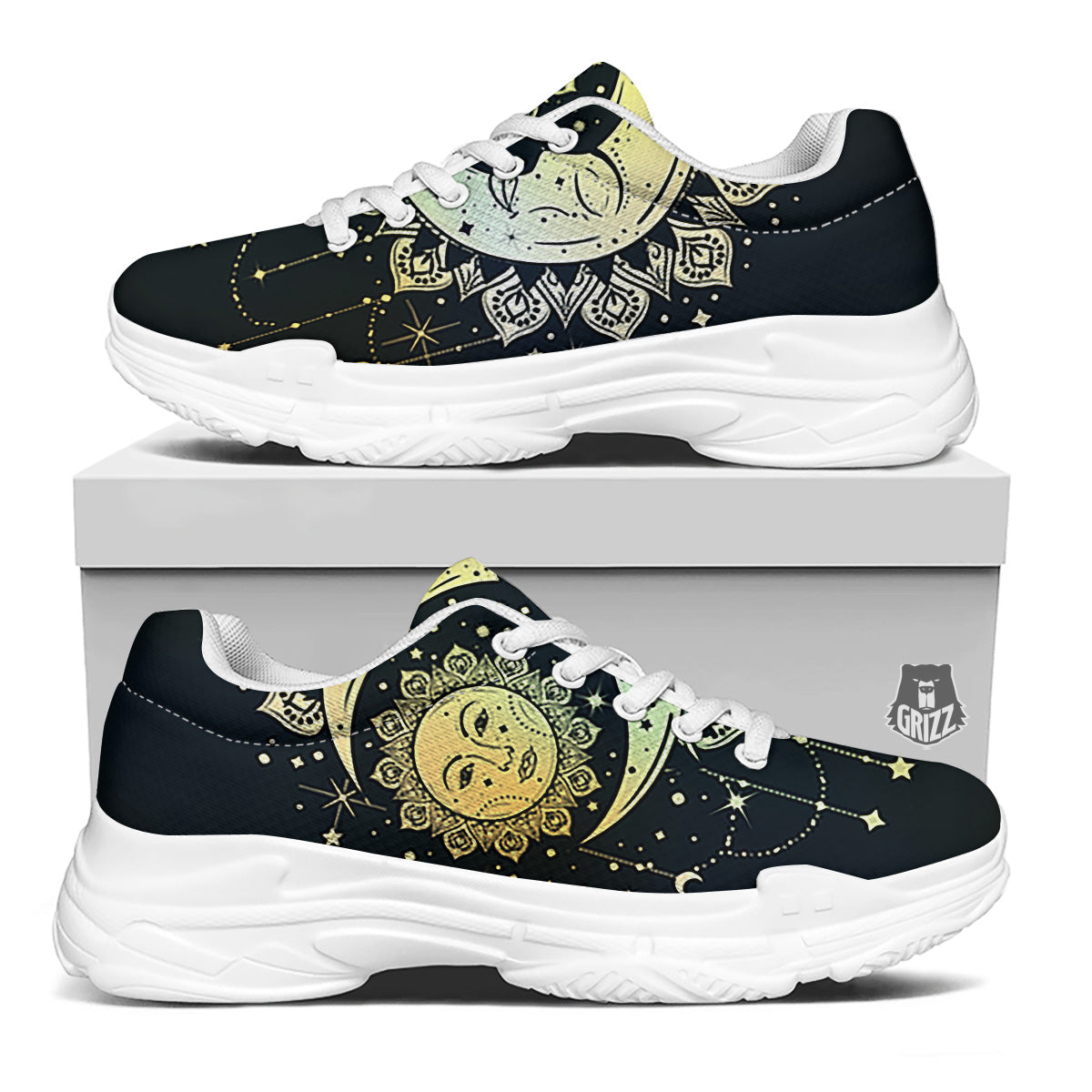 Sun And Bohemian Moon Print White Chunky Shoes-grizzshop