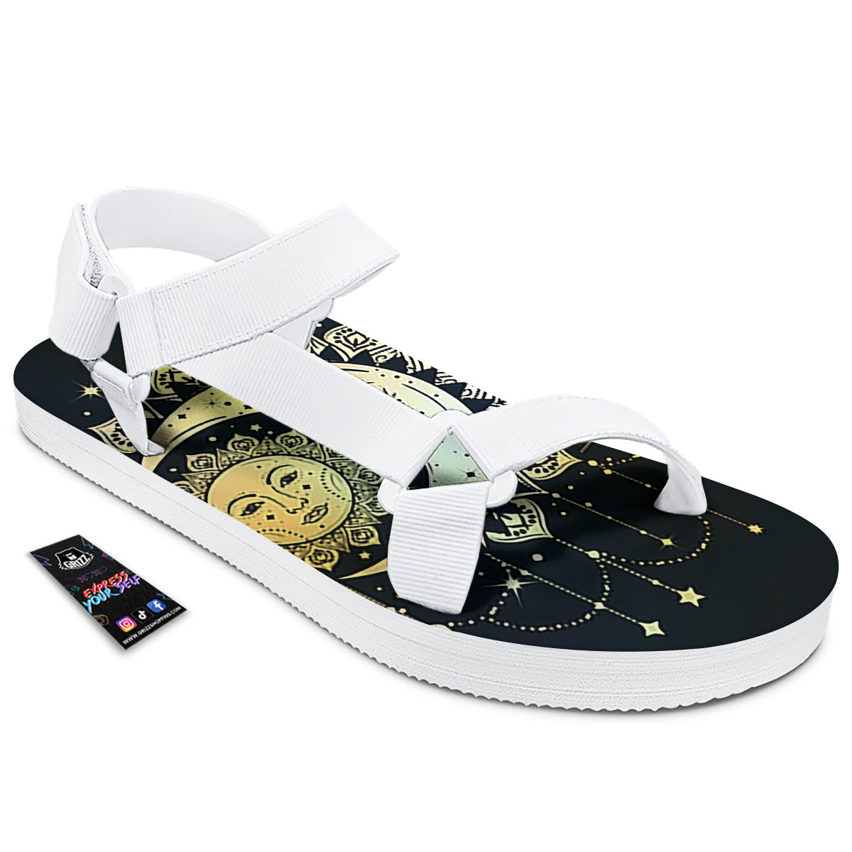 Sun And Bohemian Moon Print White Open Toe Sandals-grizzshop