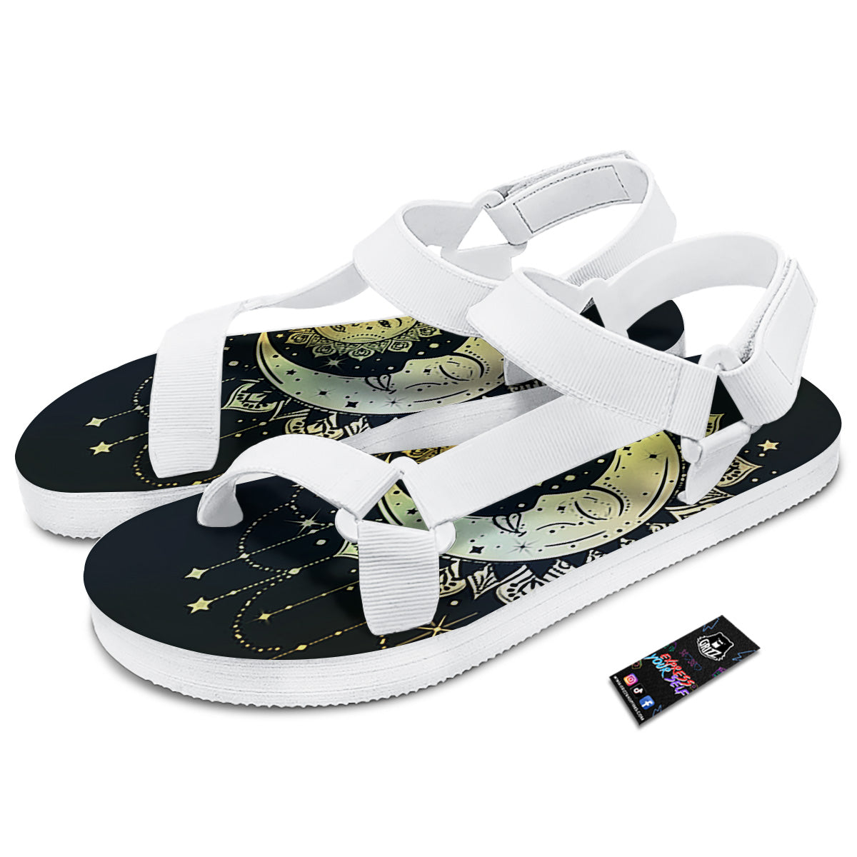 Sun And Bohemian Moon Print White Open Toe Sandals-grizzshop