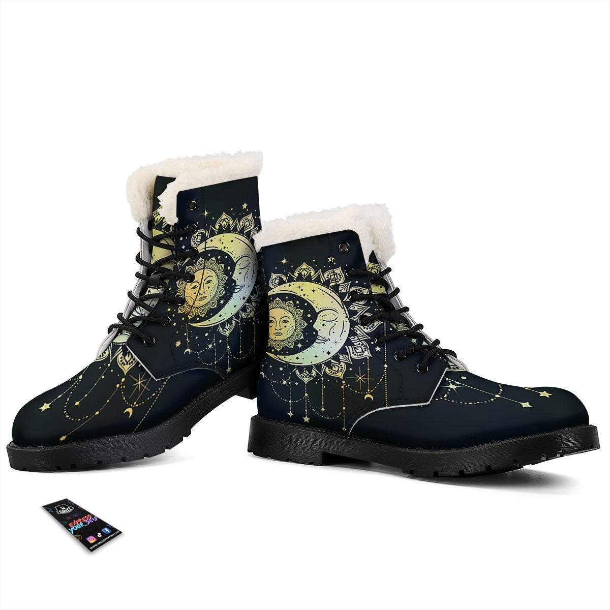 Sun And Bohemian Moon Print Winter Boots-grizzshop