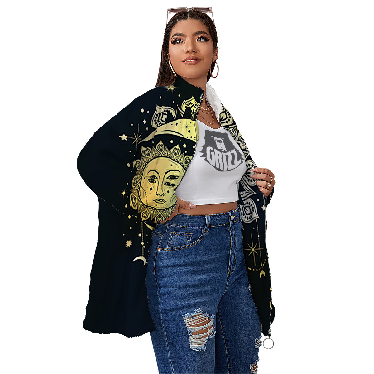 Sun And Bohemian Moon Print Women's Sherpa Jacket-grizzshop