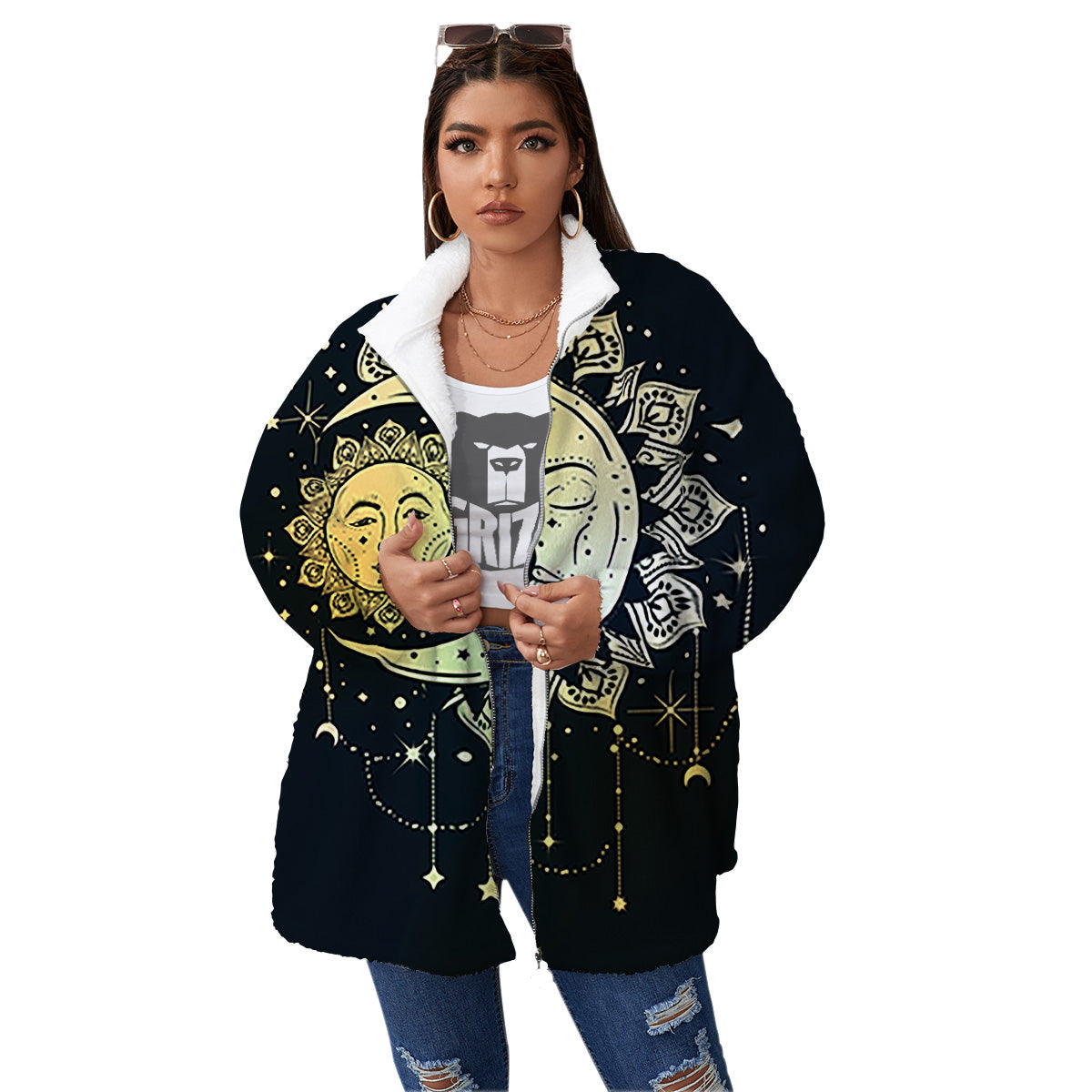 Sun And Bohemian Moon Print Women's Sherpa Jacket-grizzshop