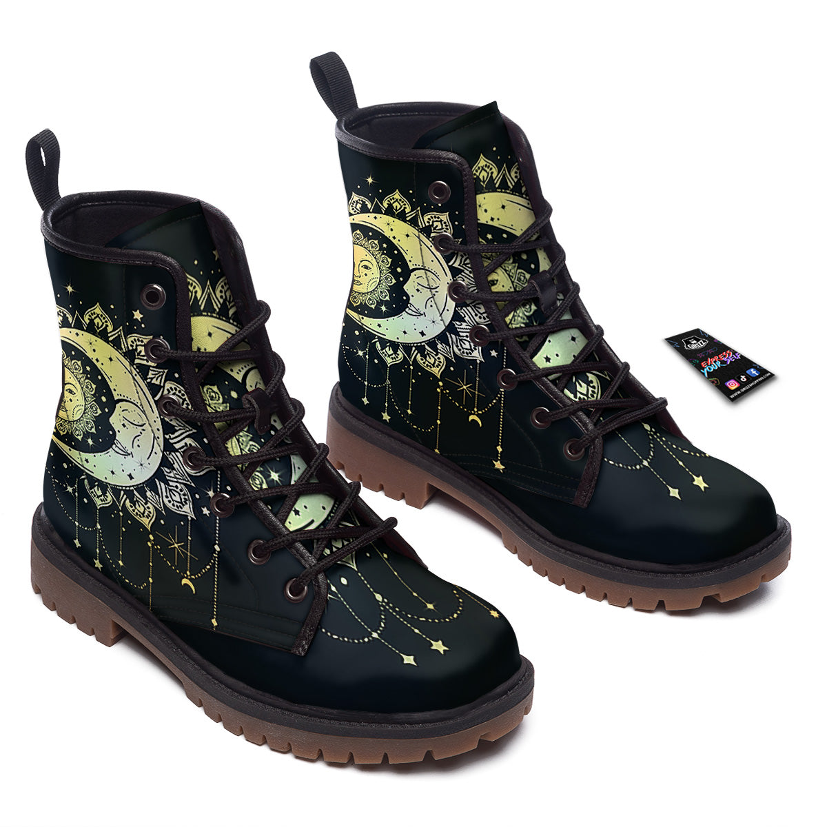 Sun And Bohemian Moon Print Work Boots-grizzshop