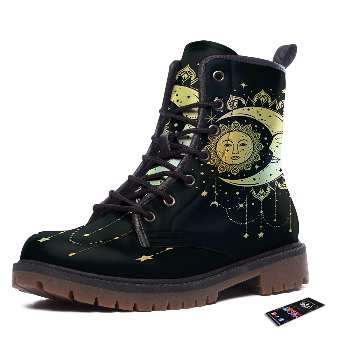 Sun And Bohemian Moon Print Work Boots-grizzshop