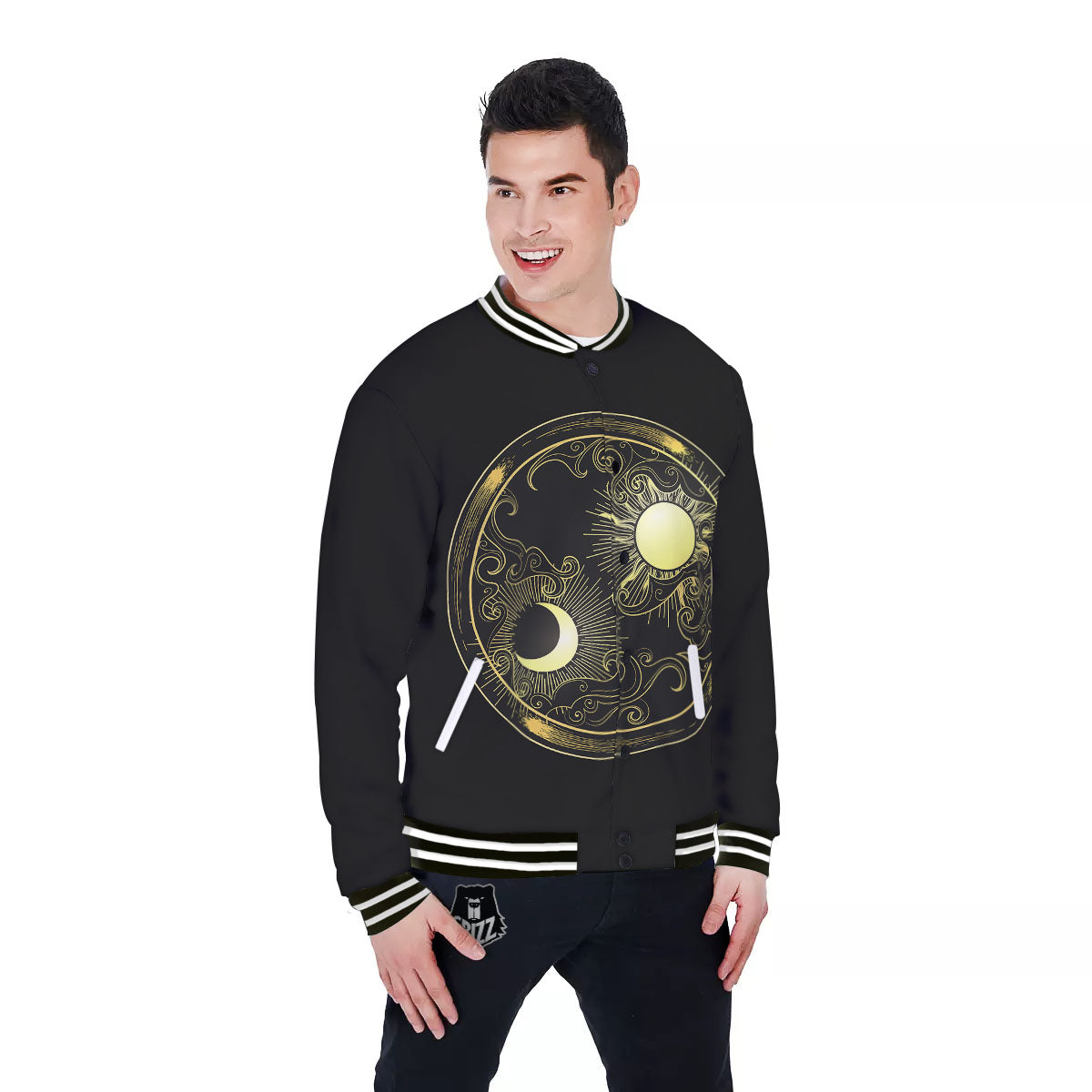 Sun And Gold Moon Print Baseball Jacket-grizzshop
