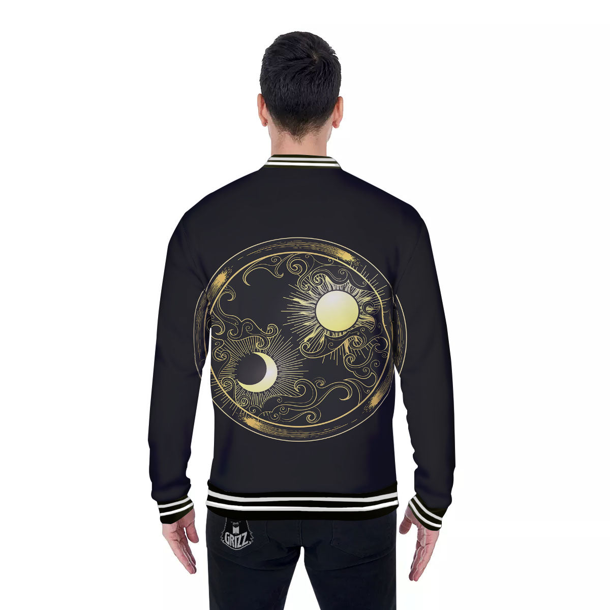 Sun And Gold Moon Print Baseball Jacket-grizzshop