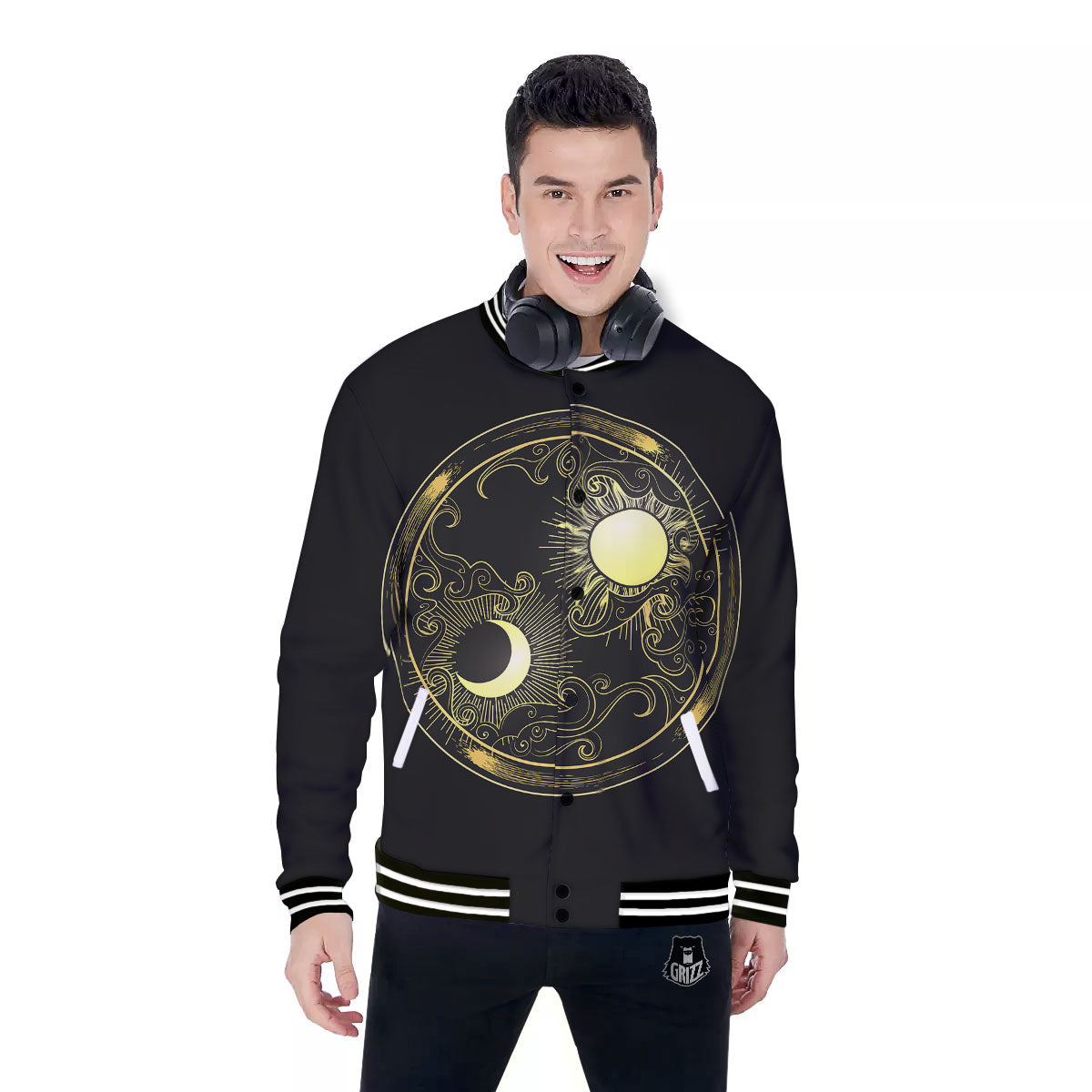 Sun And Gold Moon Print Baseball Jacket-grizzshop