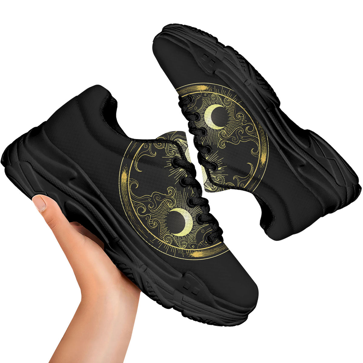 Sun And Gold Moon Print Black Chunky Shoes-grizzshop