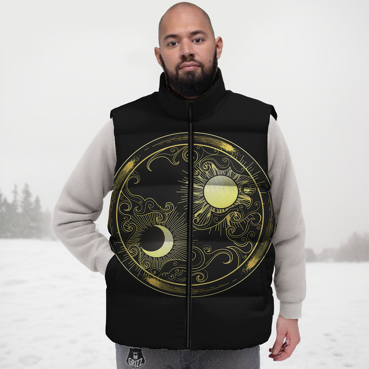 Sun And Gold Moon Print Down Vest