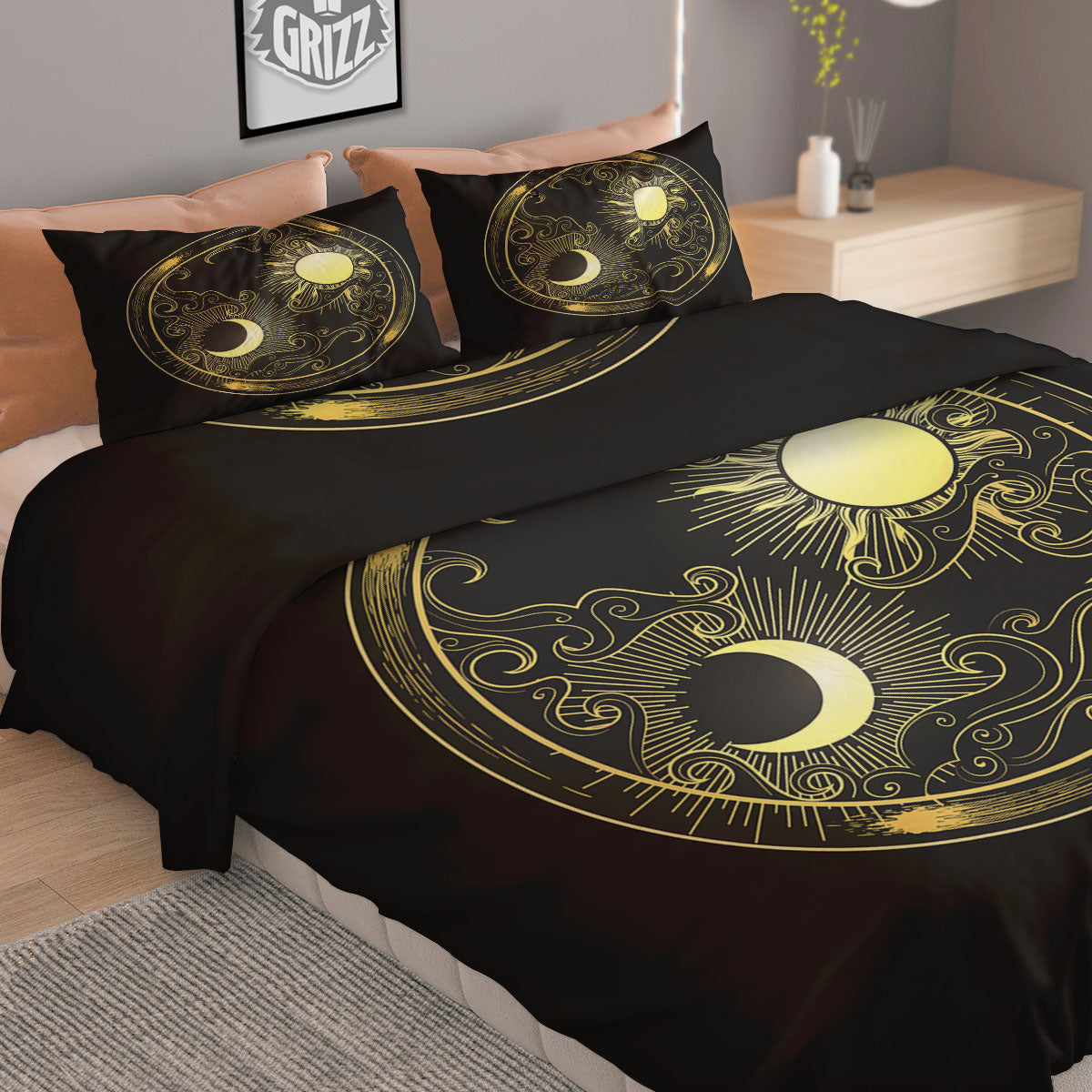 Sun And Gold Moon Print Duvet Cover Bedding Set