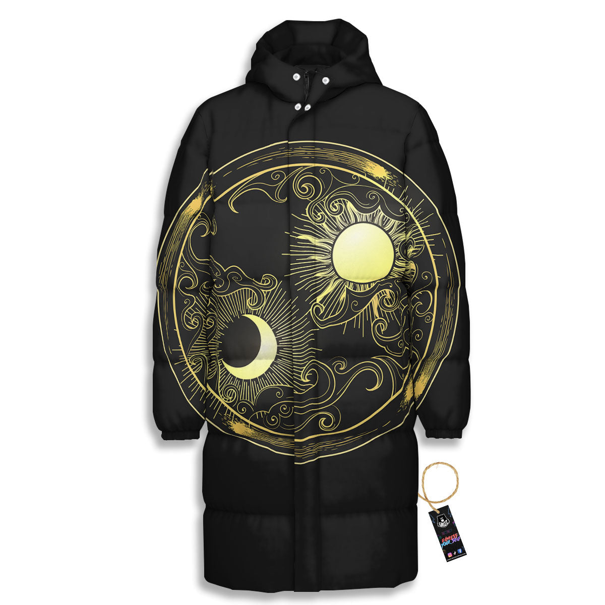Sun And Gold Moon Print Long Down Jacket-grizzshop