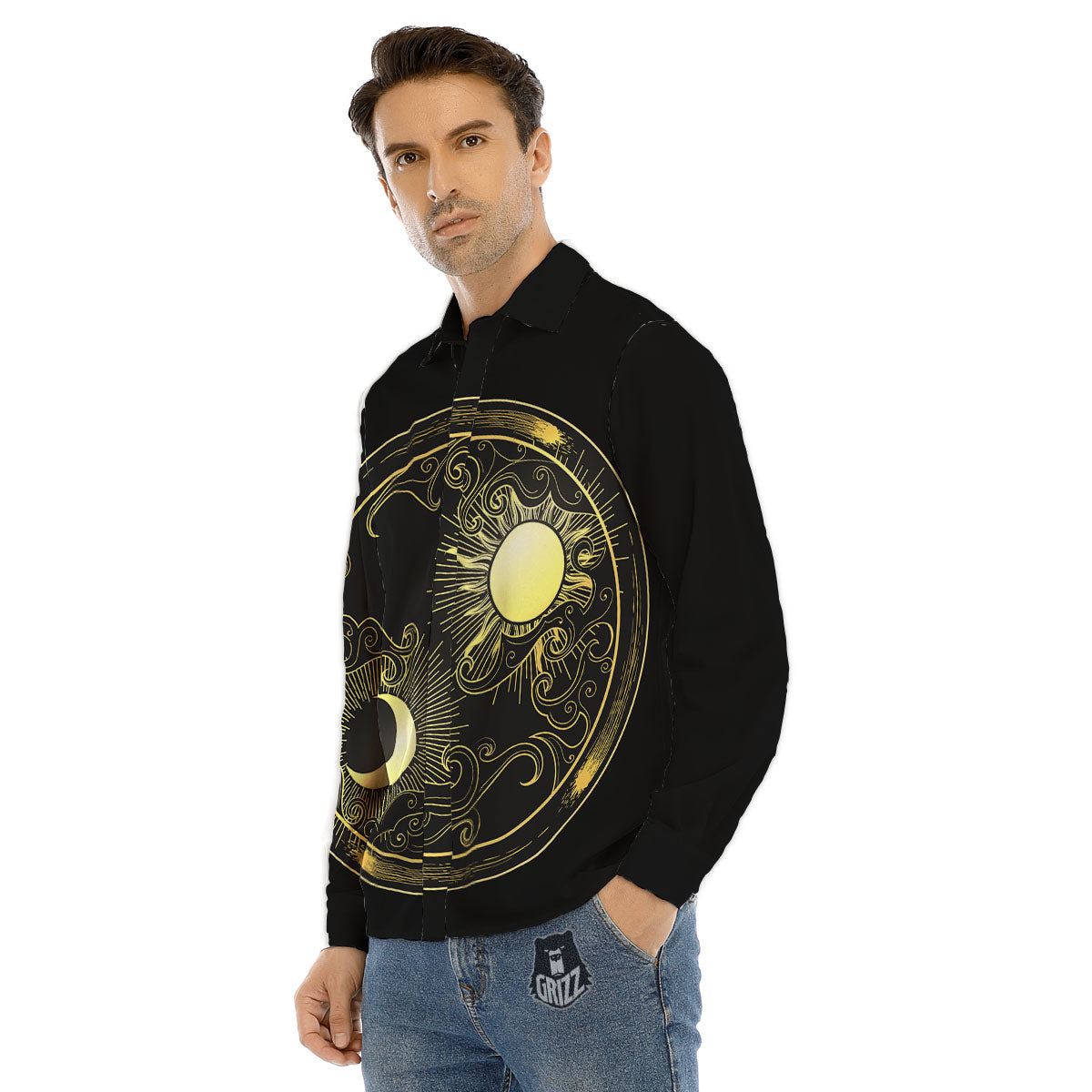 Sun And Gold Moon Print Men's Dress Shirts-grizzshop