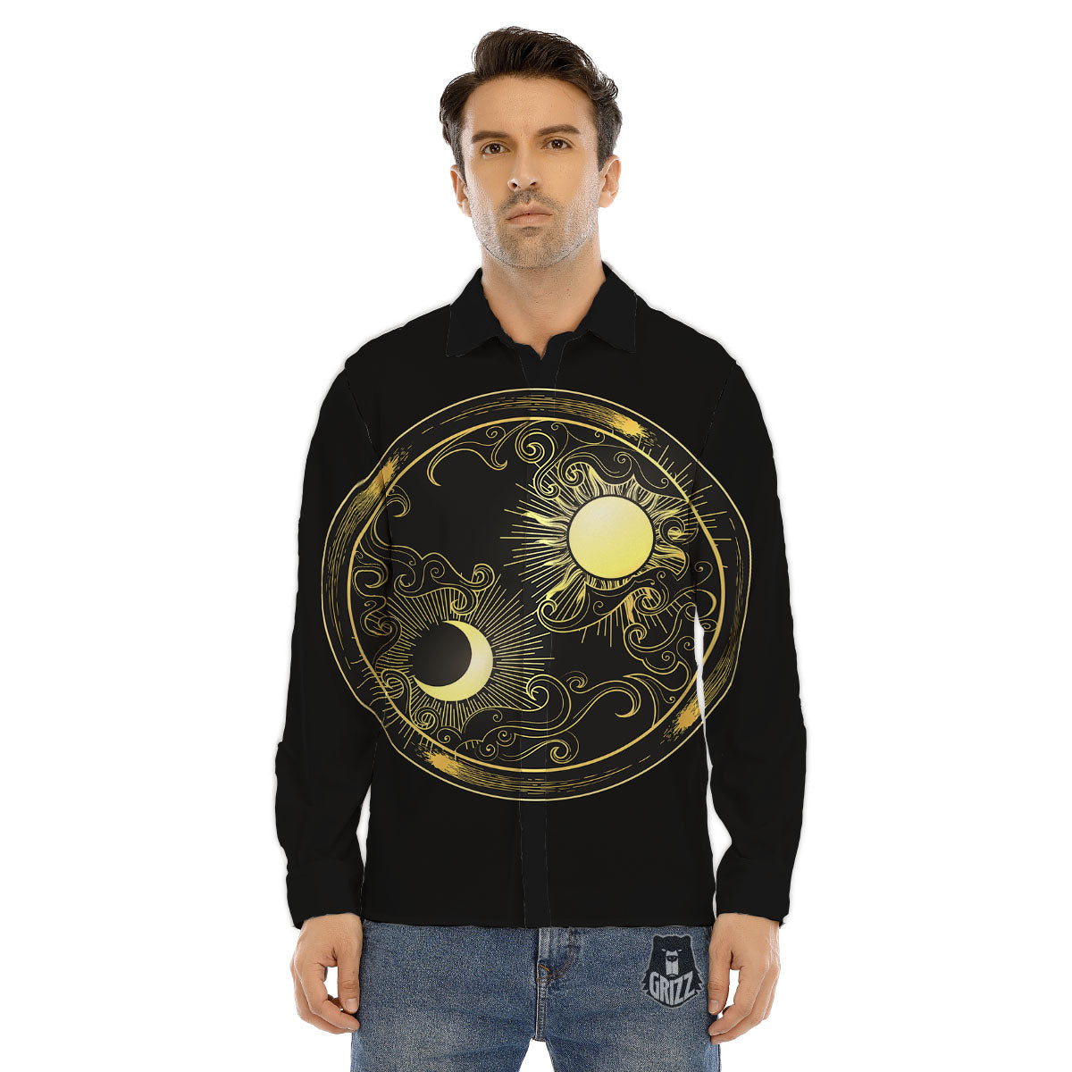 Sun And Gold Moon Print Men's Dress Shirts-grizzshop