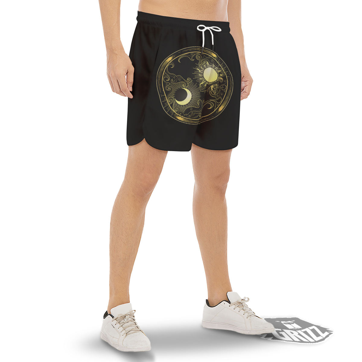Sun And Gold Moon Print Men's Gym Shorts-grizzshop