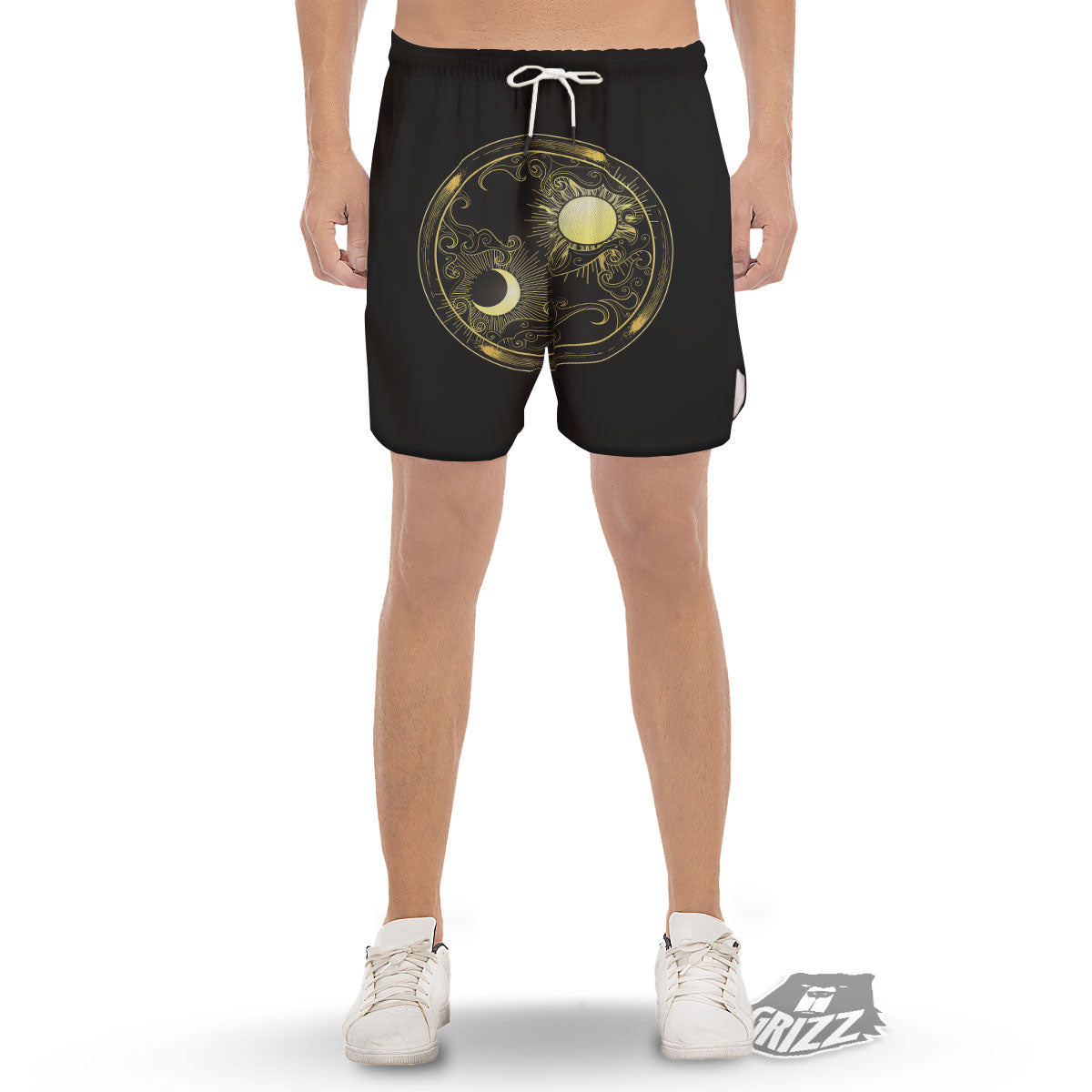 Sun And Gold Moon Print Men's Gym Shorts-grizzshop