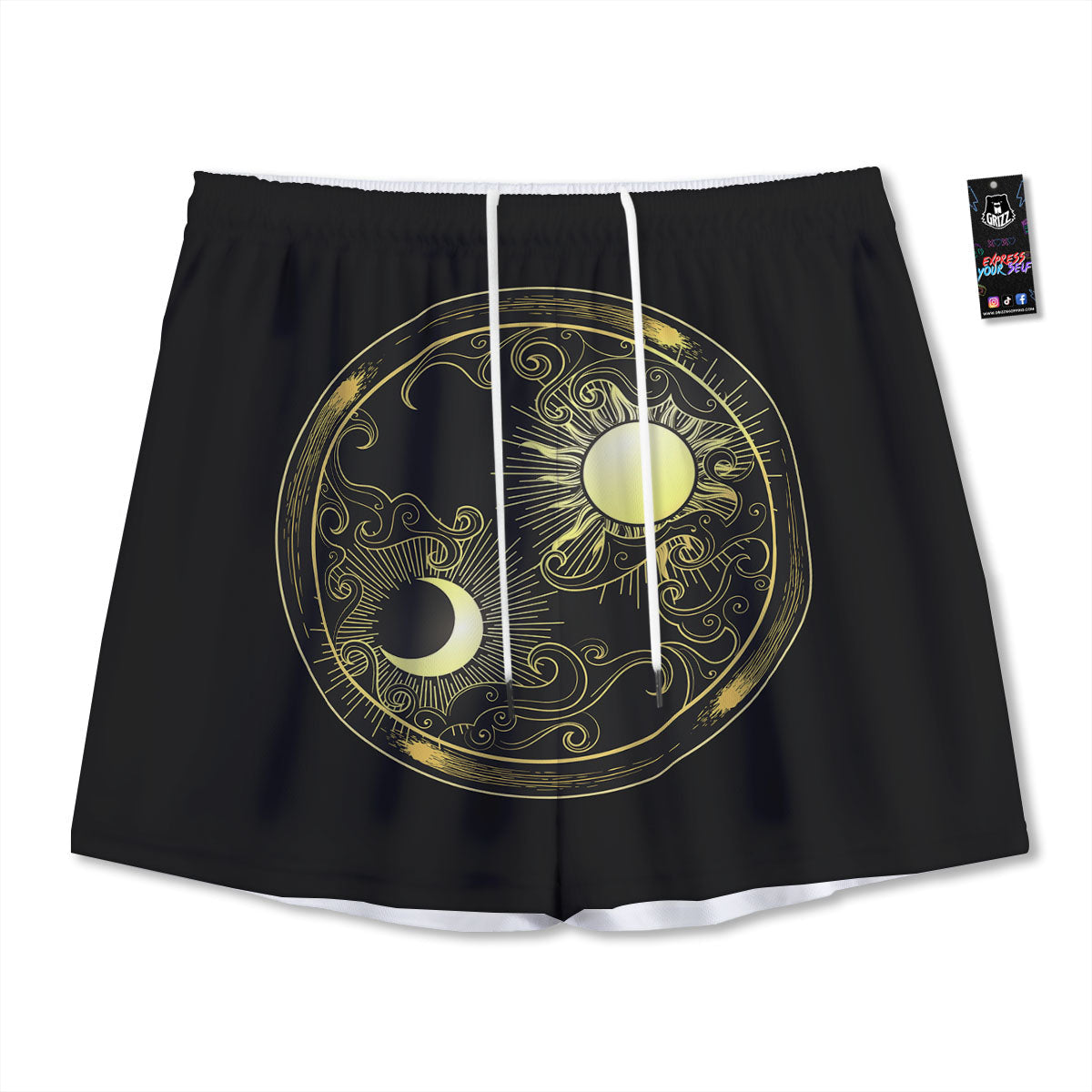 Sun And Gold Moon Print Mesh Shorts