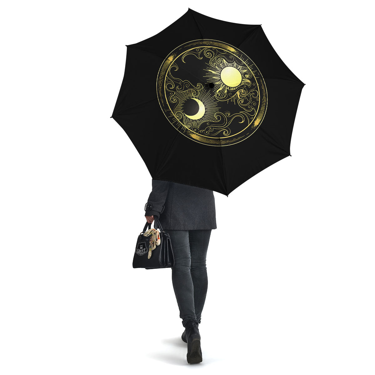 Sun And Gold Moon Print Umbrella-grizzshop