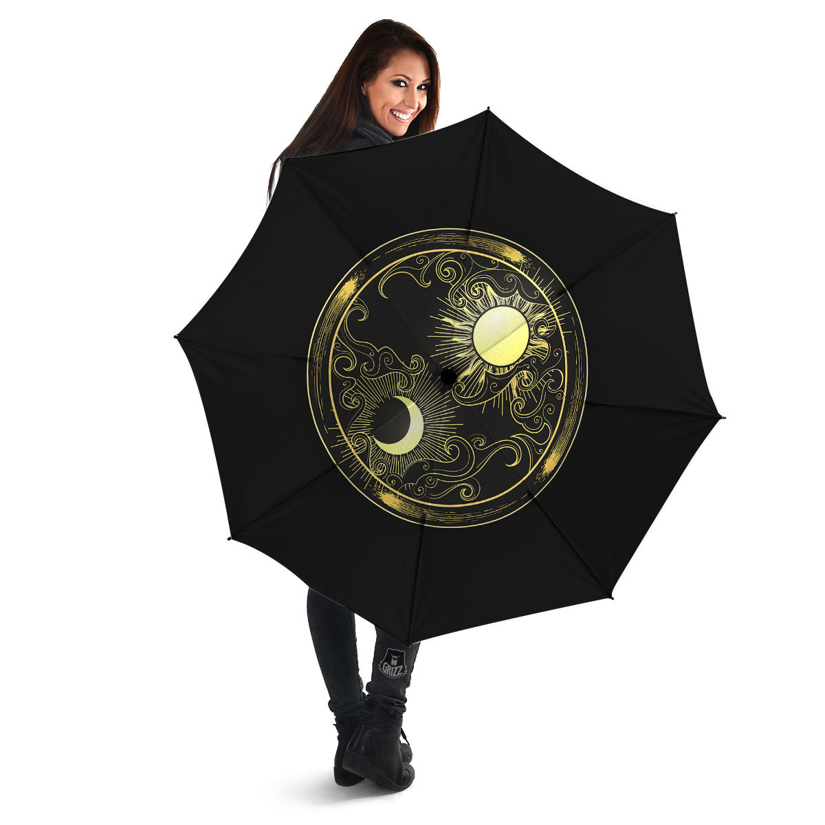 Sun And Gold Moon Print Umbrella-grizzshop