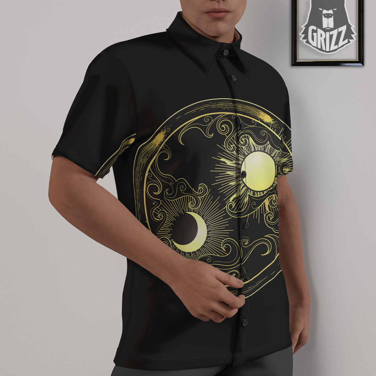 Sun And Gold Moon Print Untucked Shirts-grizzshop