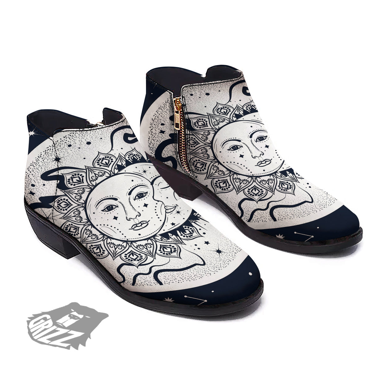 Sun And Moon Bohemian Celestial Print Ankle Boots-grizzshop