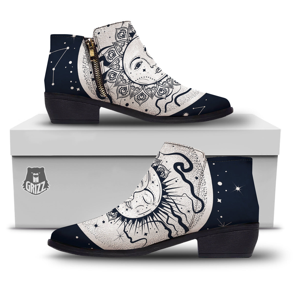 Sun And Moon Bohemian Celestial Print Ankle Boots-grizzshop