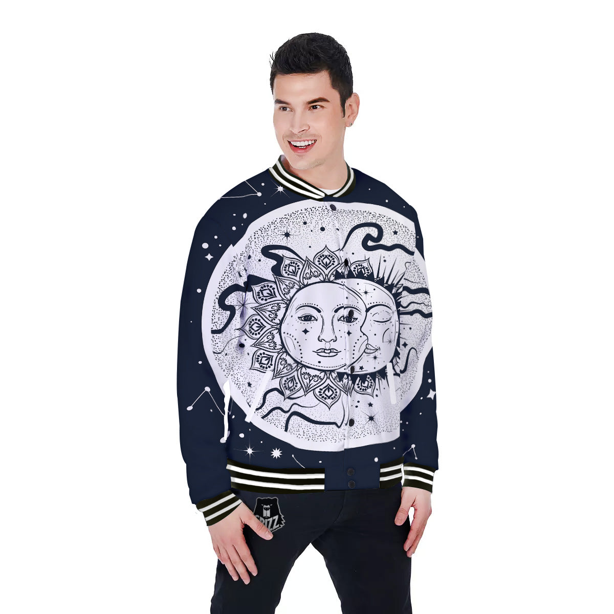 Sun And Moon Bohemian Celestial Print Baseball Jacket-grizzshop