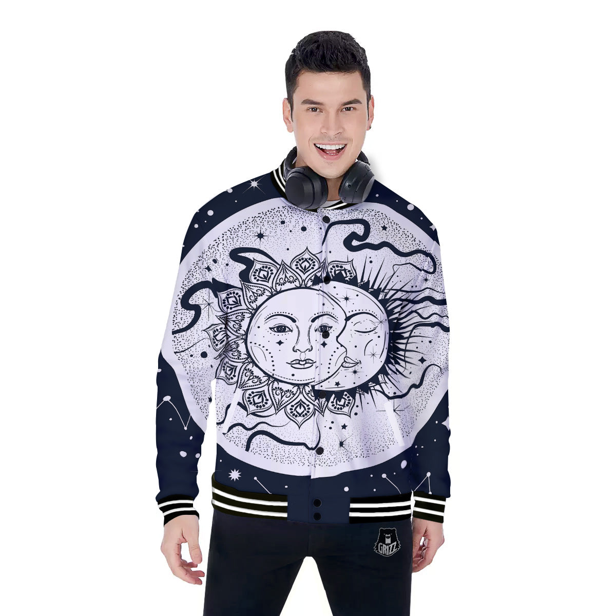 Sun And Moon Bohemian Celestial Print Baseball Jacket-grizzshop