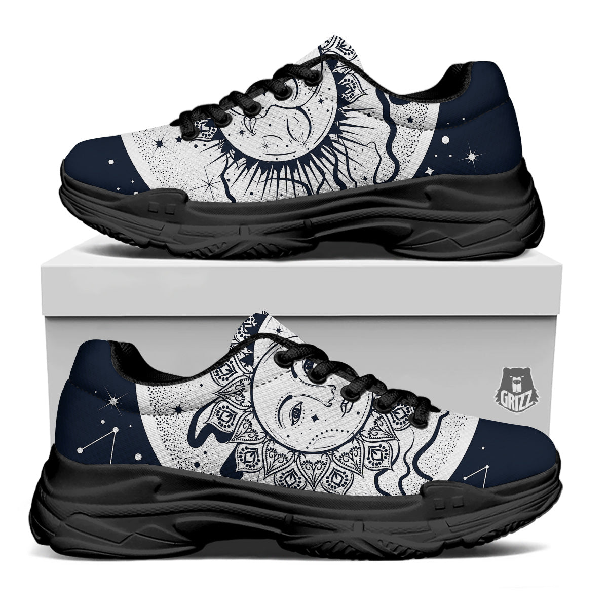 Sun And Moon Bohemian Celestial Print Black Chunky Shoes-grizzshop