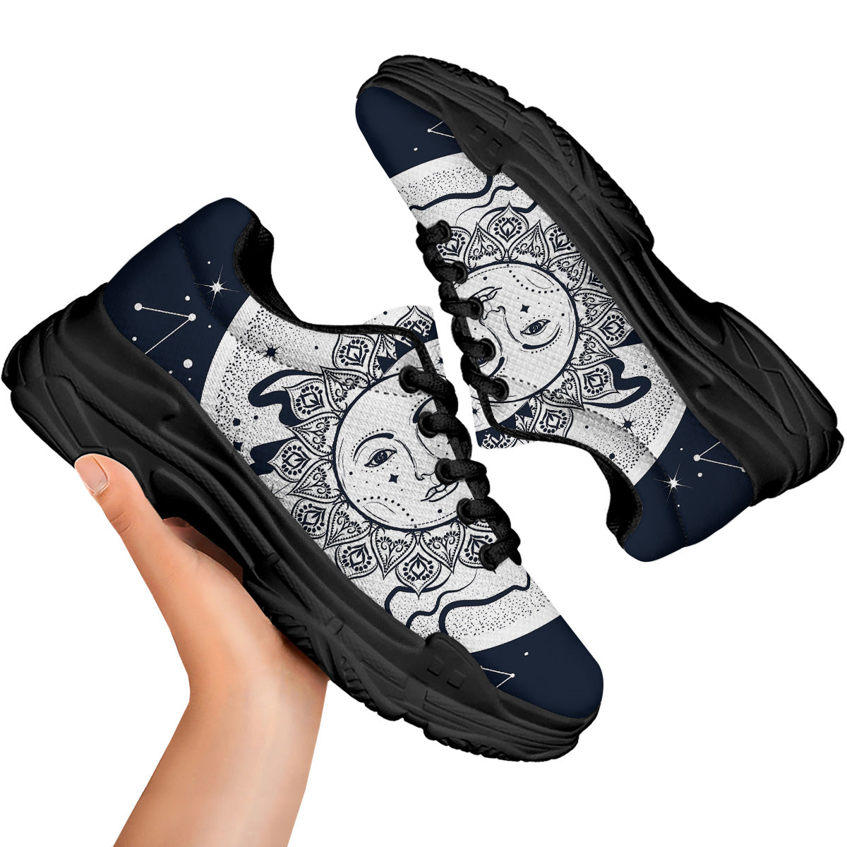 Sun And Moon Bohemian Celestial Print Black Chunky Shoes-grizzshop