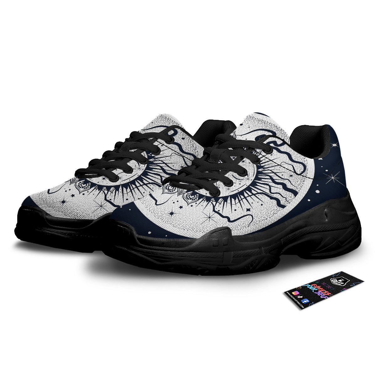 Sun And Moon Bohemian Celestial Print Black Chunky Shoes-grizzshop