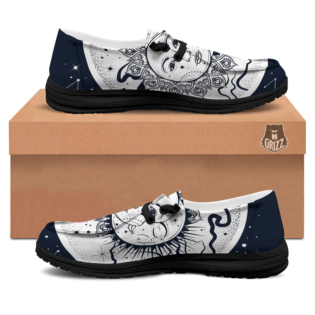 Sun And Moon Bohemian Celestial Print Black Loafers-grizzshop