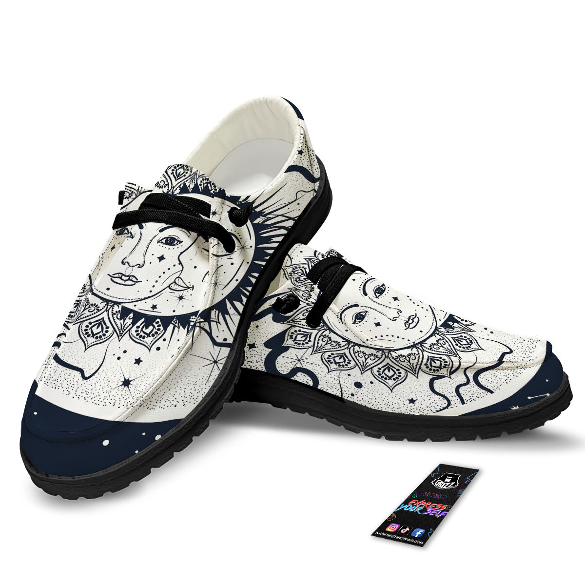 Sun And Moon Bohemian Celestial Print Black Loafers-grizzshop