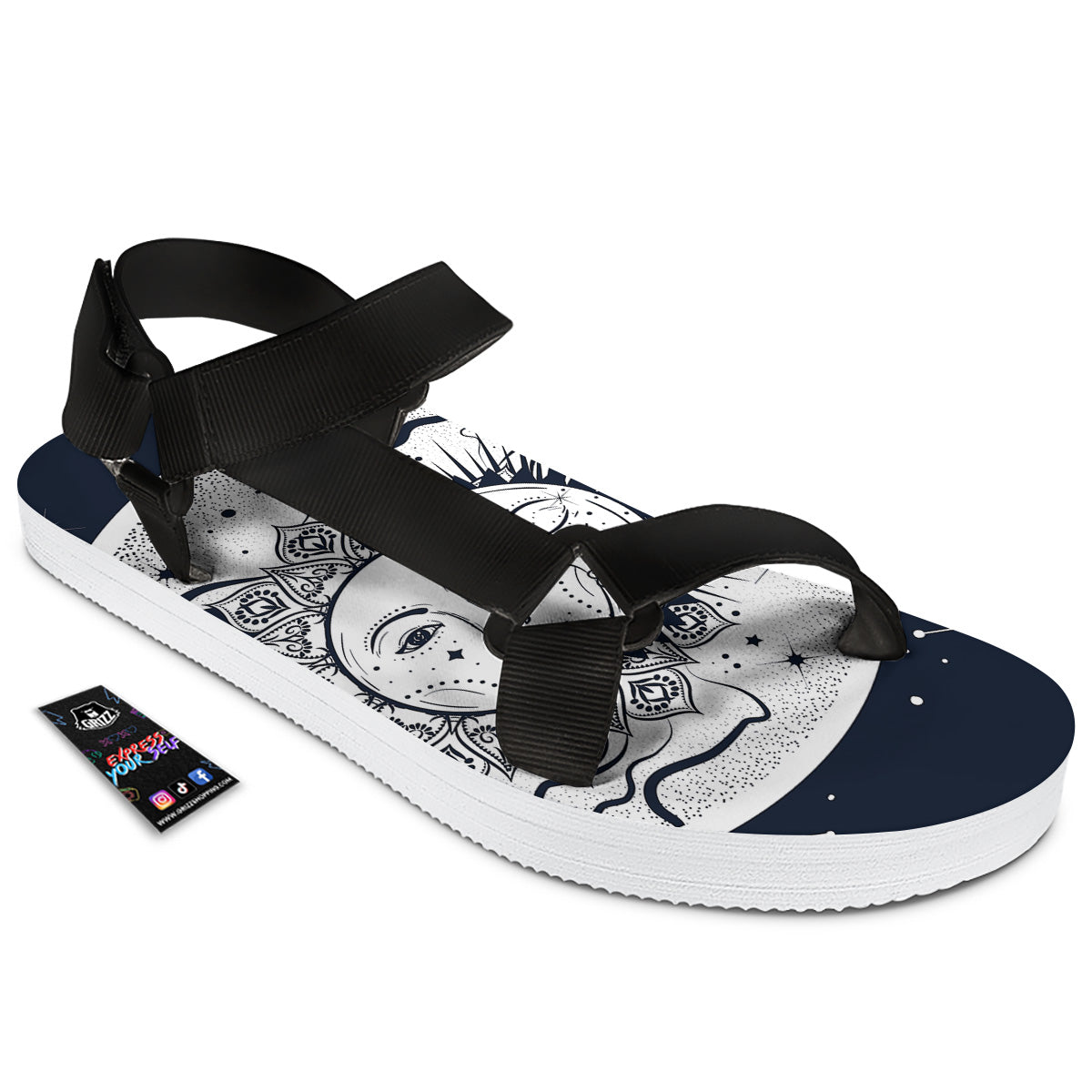 Sun And Moon Bohemian Celestial Print Black Open Toe Sandals-grizzshop