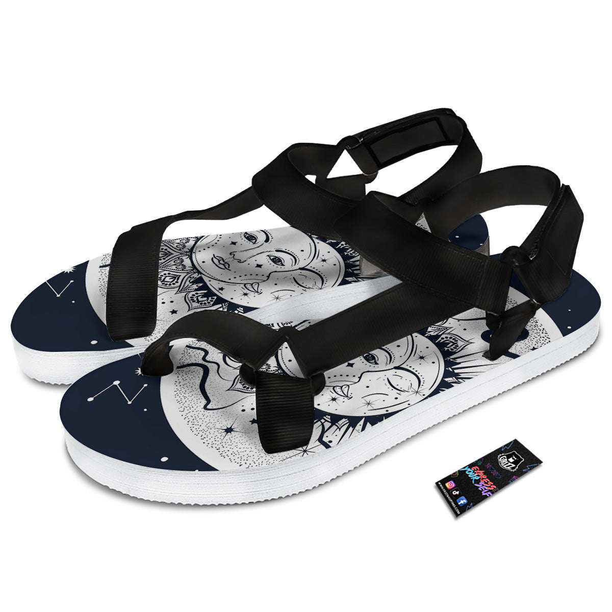 Sun And Moon Bohemian Celestial Print Black Open Toe Sandals-grizzshop