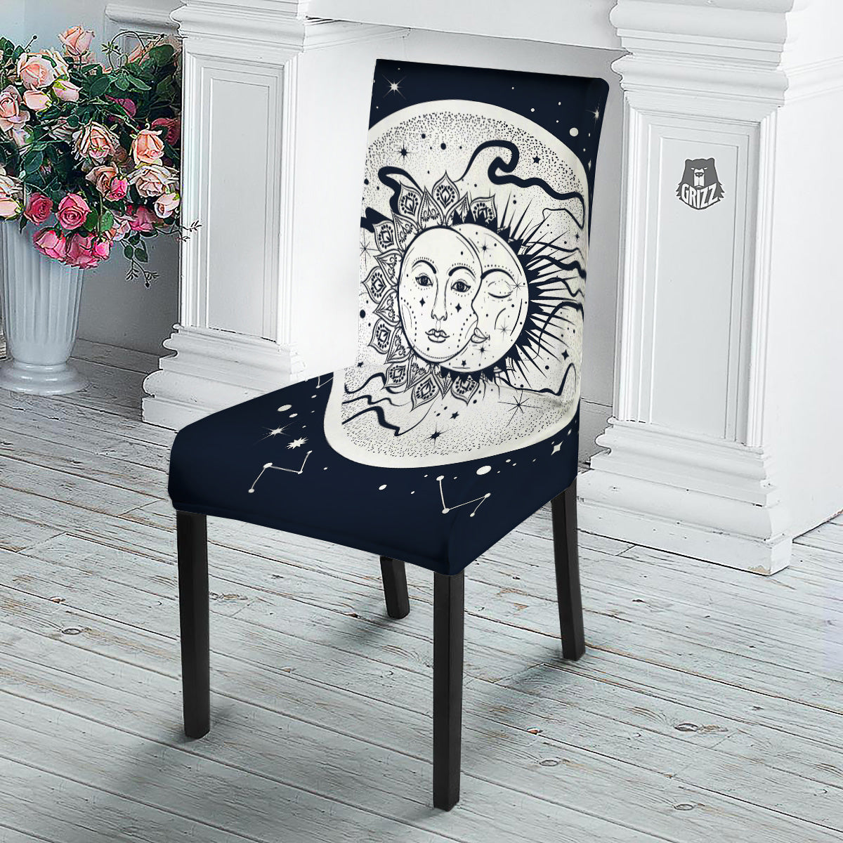 Sun And Moon Bohemian Celestial Print Dining Chair Slipcover-grizzshop